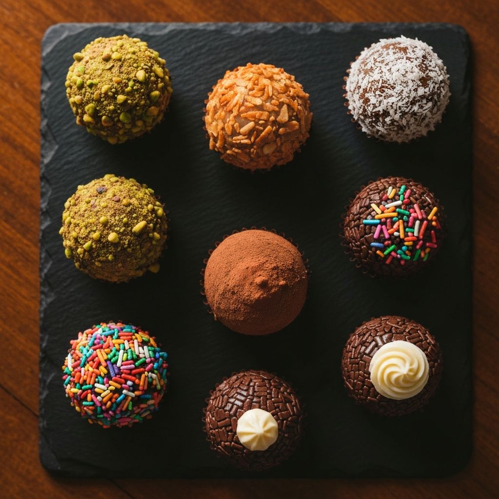 Brigadeiros gourmet variados em ardósia com coberturas diferentes